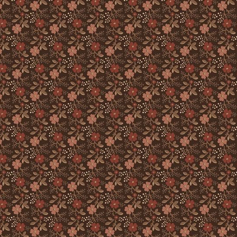 Chocolate brown fabric featuring a pattern of light pink and red florals