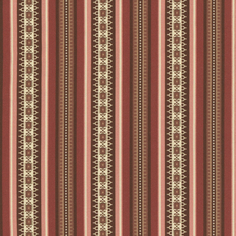 Striped brown, cream, pink, and red fabric featuring a laced look