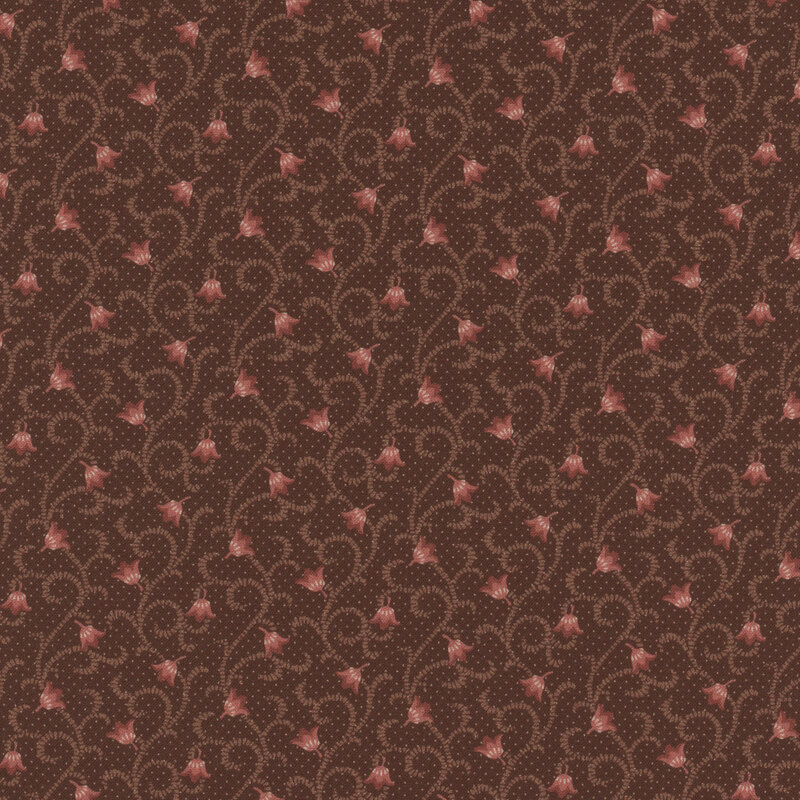 Chocolate brown fabric featuring swirly vines and pink florals on a dotted background