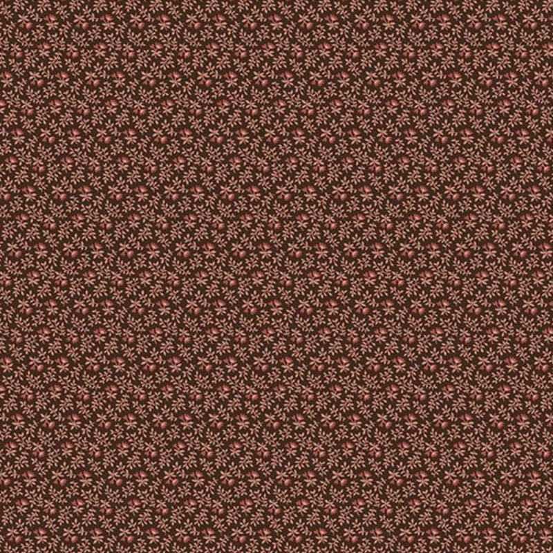 Chocolate brown fabric featuring small ferns and pink florals