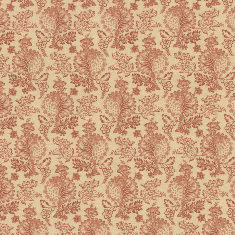 Cream fabric featuring red florals and large intricate leaves