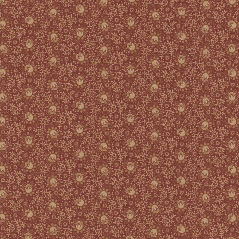 Copper brown fabric featuring tan flowers intertwined with leaves