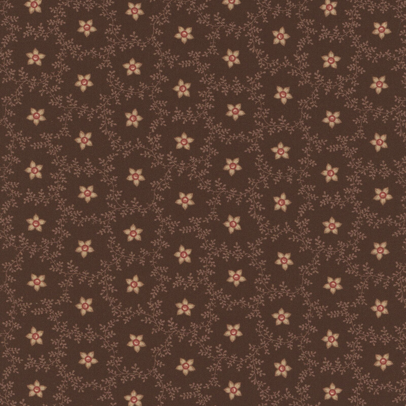 Chocolate brown fabric featuring scattered cream flowers surrounded by leafy vines