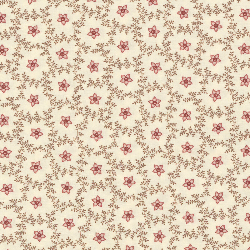 Cream fabric featuring scattered pink flowers surrounded by leafy vines