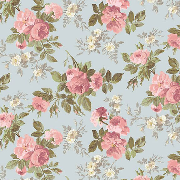 Pastel blue fabric with floral rose pattern