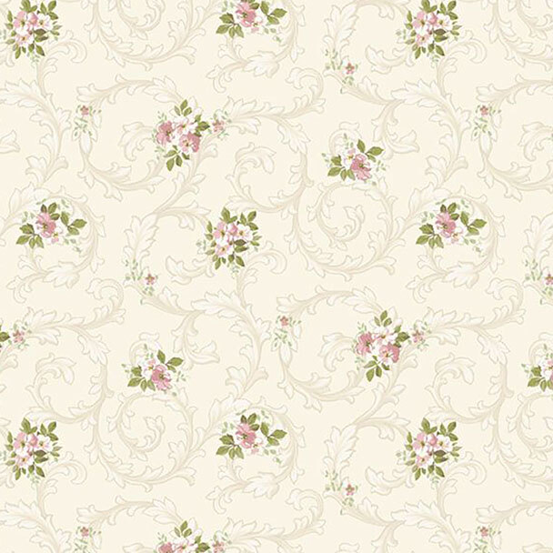 Cream fabric with swirling vine pattern and floral overlay