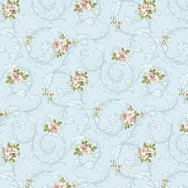 Sky blue fabric with swirling vine pattern and floral overlay
