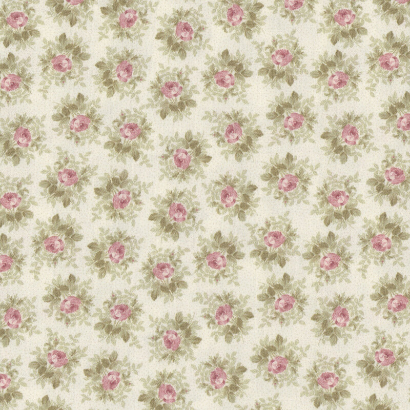 Repeating floral pattern with pink roses and green leaves on a light cream background.