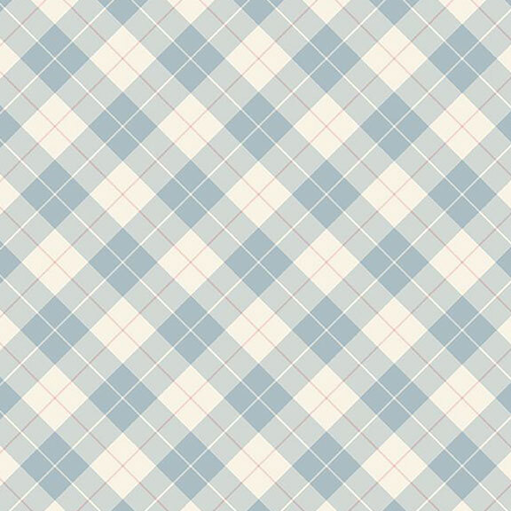 Off white fabric with pastel blue plaid pattern featuring thinner red and white stripes