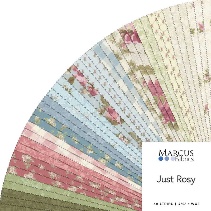 A circular arrangement of 40 fabric strips in pastel colors and floral patterns labeled Just Rosy.