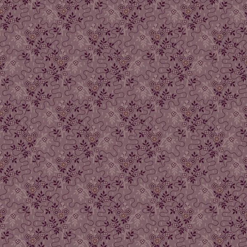 purple fabric featuring dotted squiggly lines surrounded by small bouquets and sprigs