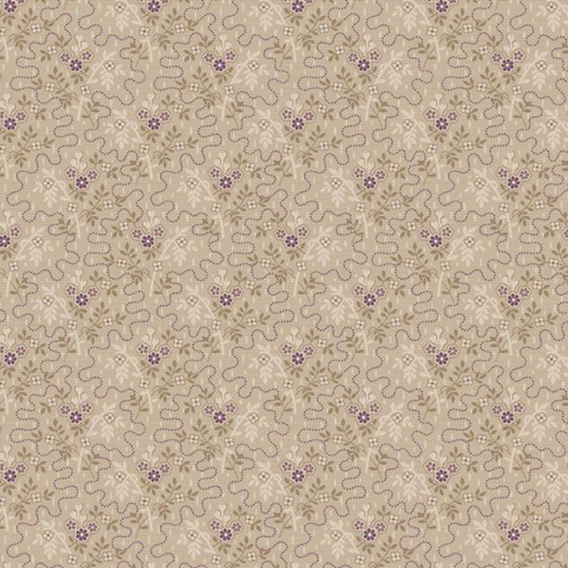 tan fabric featuring dotted squiggly lines surrounded by small purple bouquets and sprigs