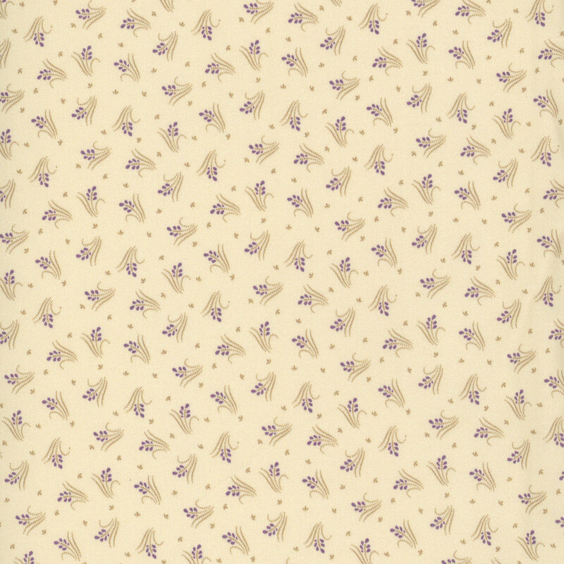 cream fabric featuring ditsy patterned handfuls of grass with a lavender flower