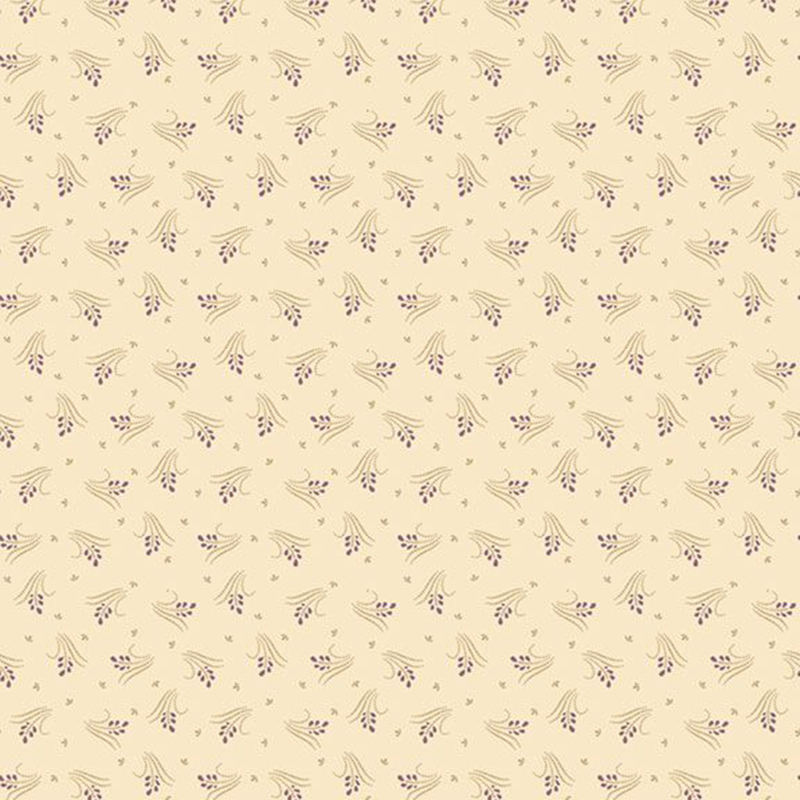 cream fabric featuring ditsy patterned handfuls of grass with a lavender flower