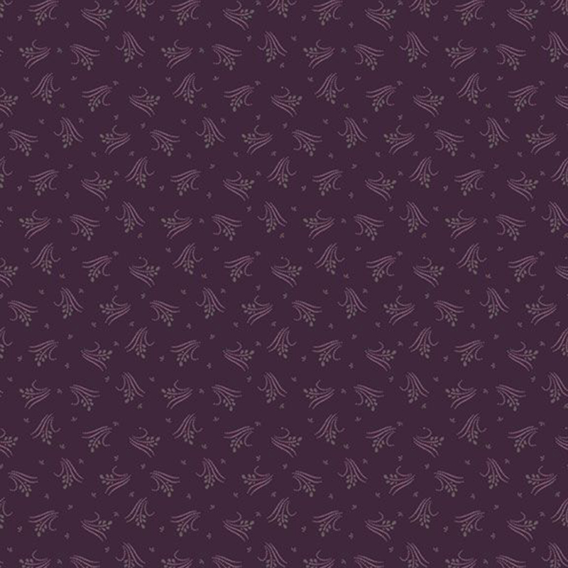 purple fabric featuring ditsy patterned handfuls of grass with a lavender flower