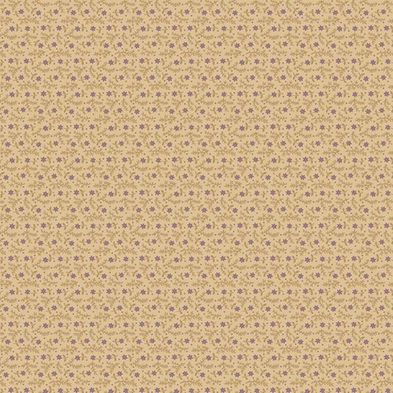 beige fabric with small purple flowers lined horizontally with rotating sprigs scattered between them