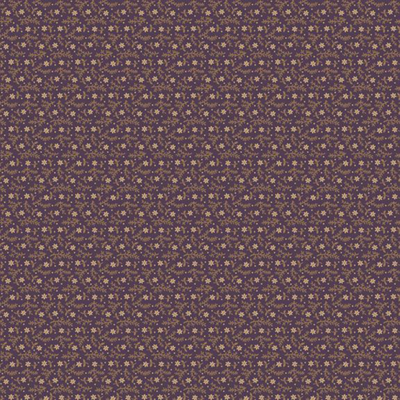 purple fabric with small cream flowers lined horizontally with rotating sprigs scattered between them