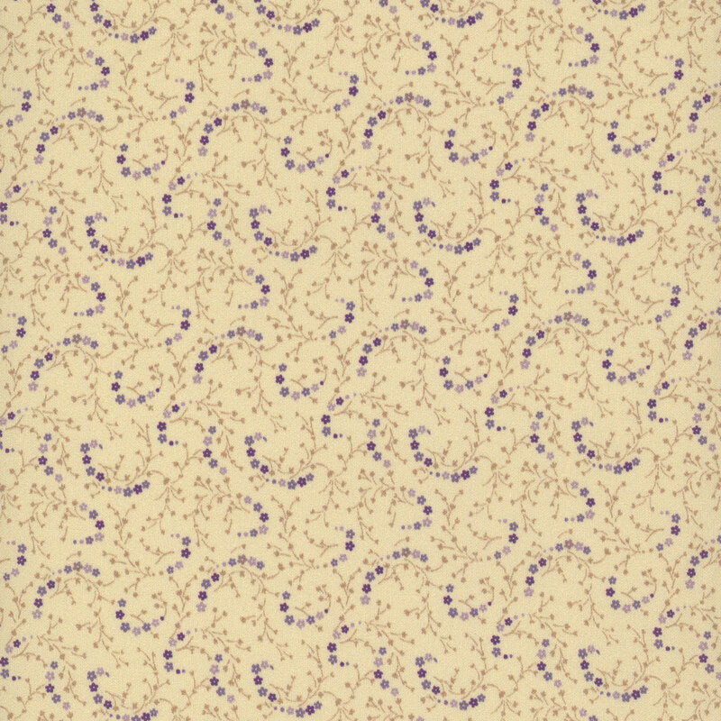 cream fabric featuring spinning chains of purple flowers with tiny sprigs crammed in the space between