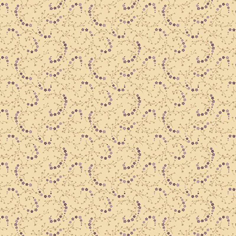 cream fabric featuring spinning chains of purple flowers with tiny sprigs crammed in the space between