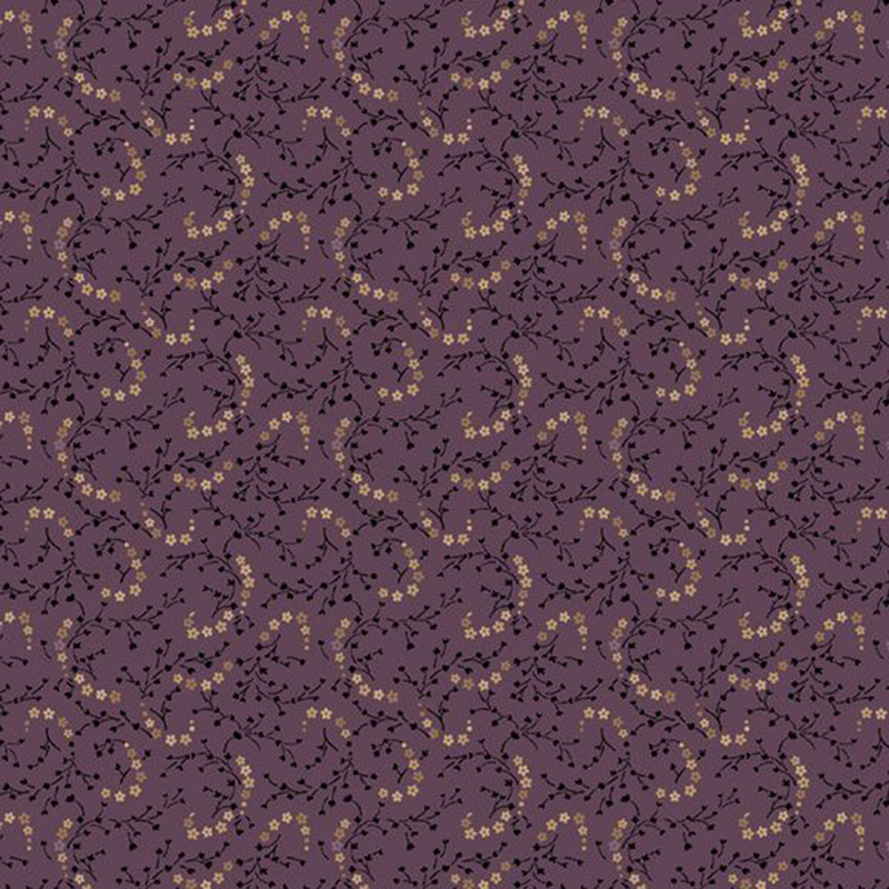 purple fabric featuring spinning chains of cream flowers with tiny dark sprigs crammed in the space between