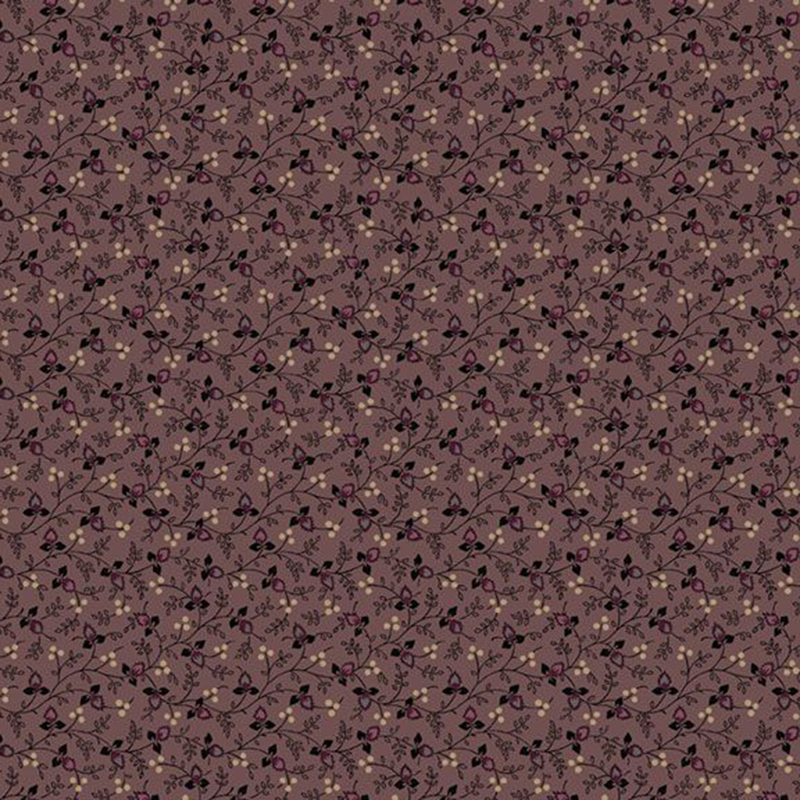 purple calico fabric featuring interconnected stems with small white berries, purple leaves, and small sprigs coming off of them