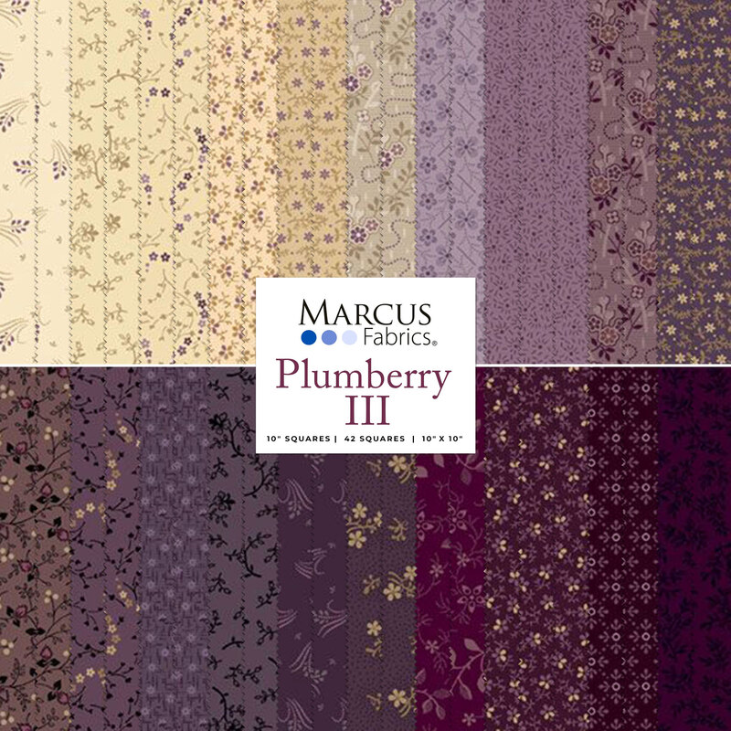 a collage of fabrics in the Plumberry III 10 inch squares arranged in two rows from light to dark