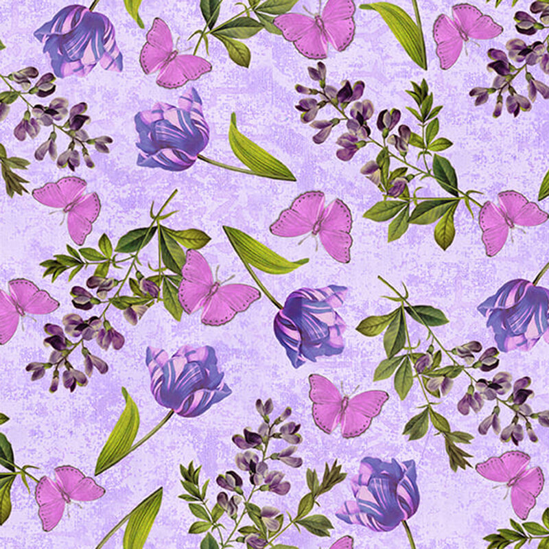 Purple fabric with tossed violets, purple roses, and pink butterflies throughout 