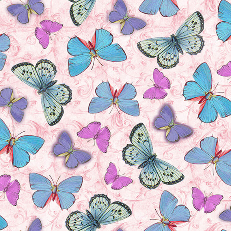 Pink fabric with ditsy blue, purple, pink, and aqua butterflies throughout
