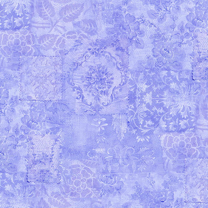 Tonal purple fabric with faint designs of flowers and leaves throughout