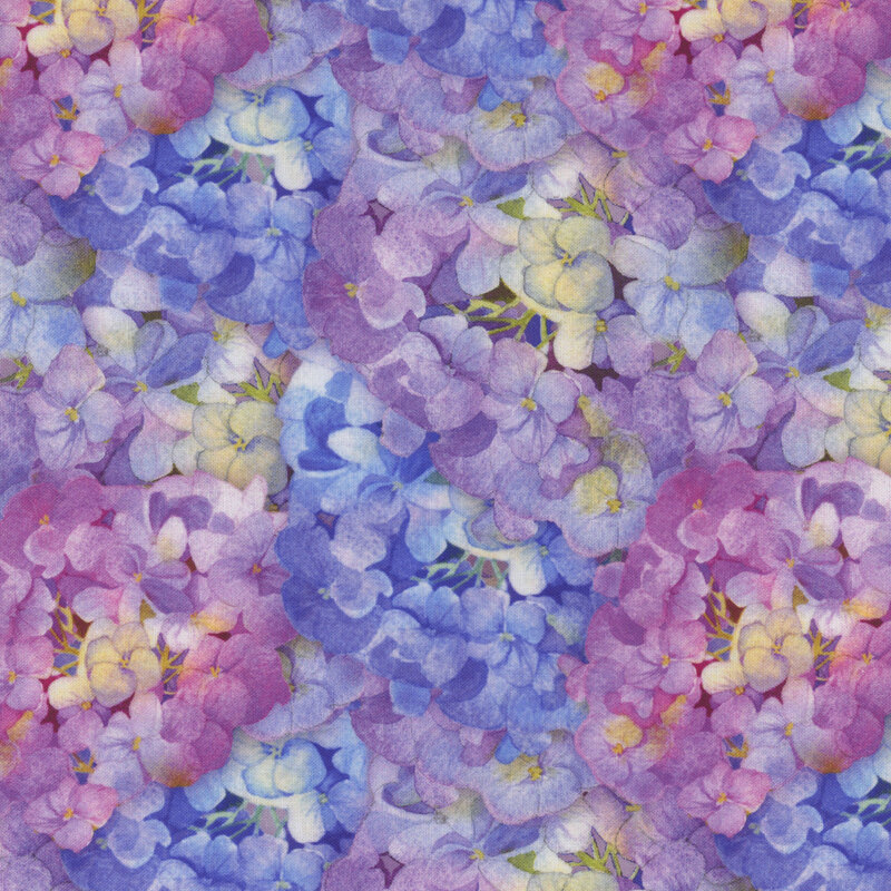 Colorful floral fabric with packed flowers in blue, purple, and cream