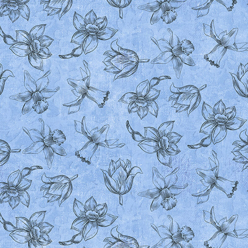 Mottled blue fabric with outlines of black ditsy florals all over