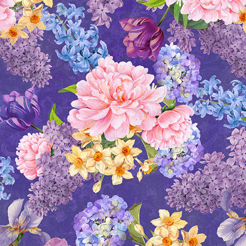 Dark purple fabric with hyacinth clusters, pink florals, and purple roses throughout