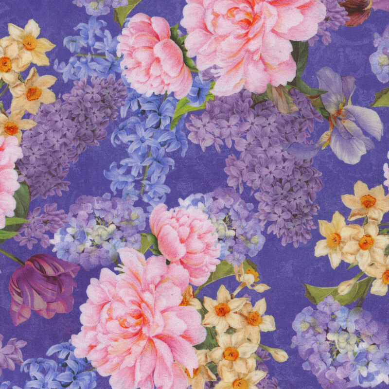 A vibrant floral pattern featuring pink peonies, yellow daffodils, and purple lilacs on a dark background.