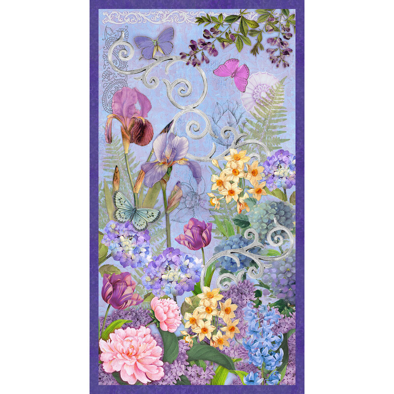 A fabric panel featuring large floral clusters near the bottom, and scrolls and butterflies near the top, with a purple background