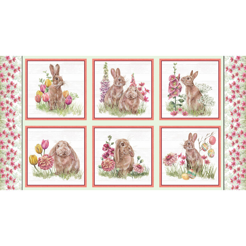 fabric panel featuring 6 blocks featuring bunnies and flowers on a light green background