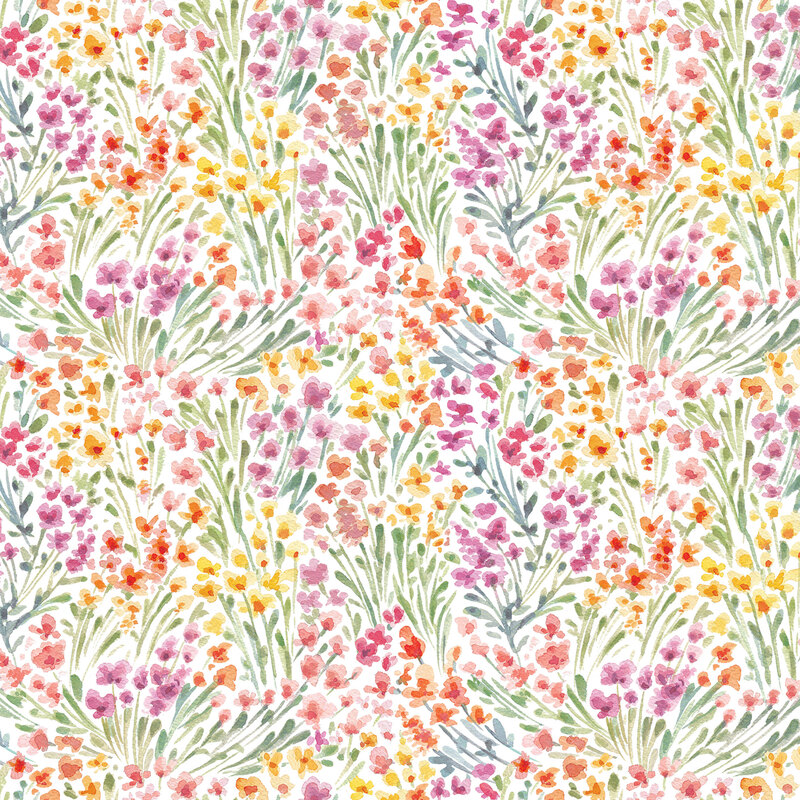 White fabric featuring a colorful floral design