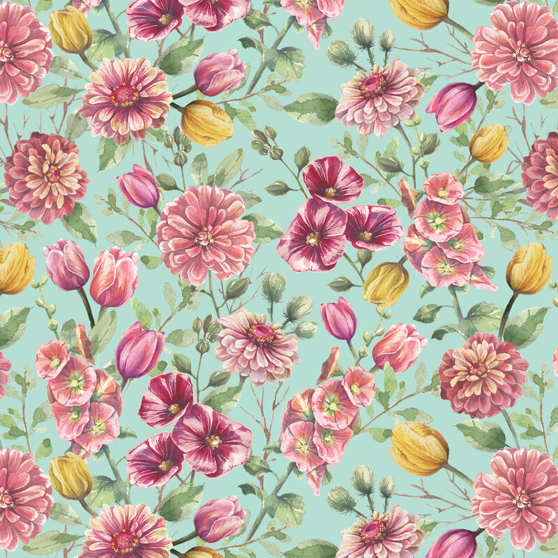 Turquoise fabric with pink and yellow florals