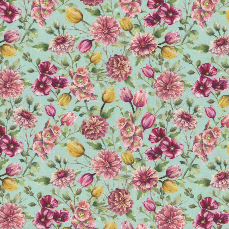 Turquoise fabric with pink and yellow florals