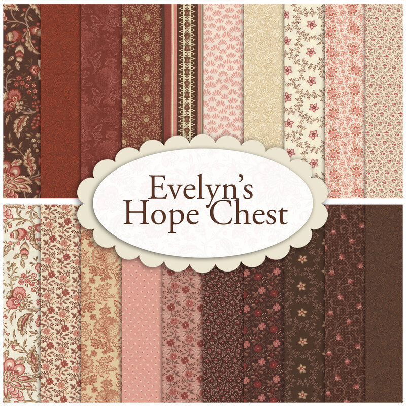 Collage of fabrics in the Evelyn's Hope Chest Fq set featuring florals in shades of cream, red, pink, and brown