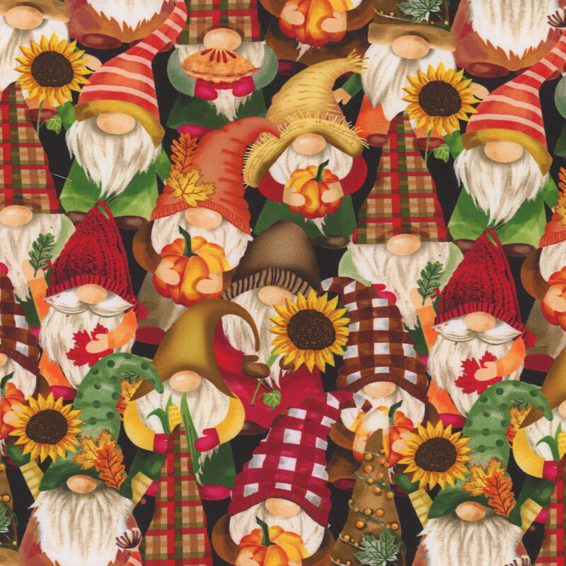 fabric featuring gnomes holding sunflowers, pumpkins, pies, and corn