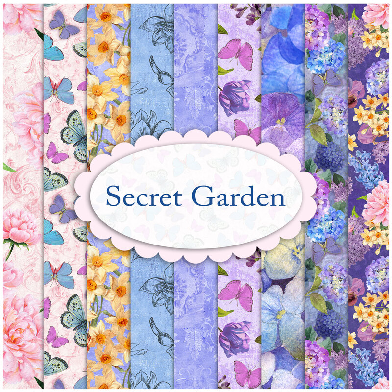 A collage of purple and pink floral fabrics in the Secret Garden collection