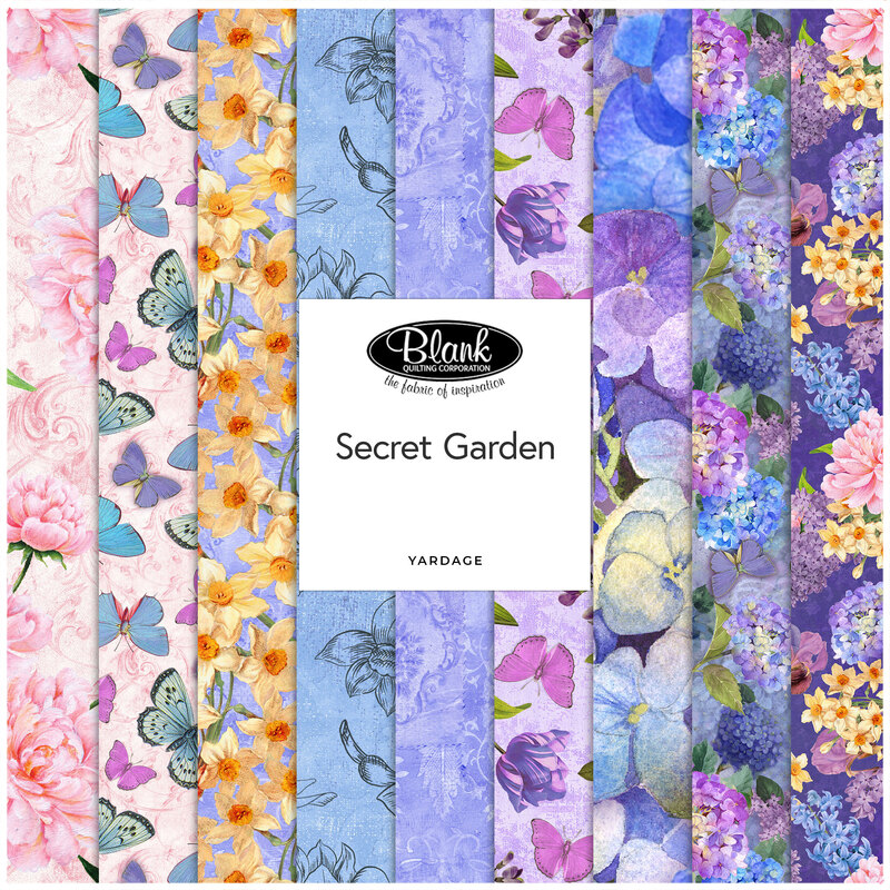 A collage of purple and pink floral fabrics in the Secret Garden collection