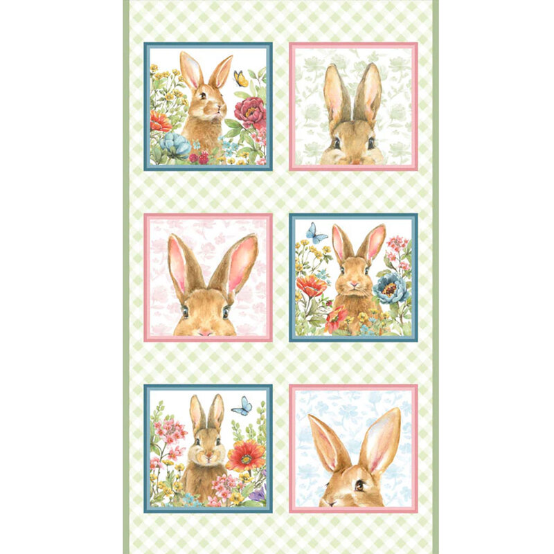 green and white gingham panel with six blocks featuring bunnies and florals