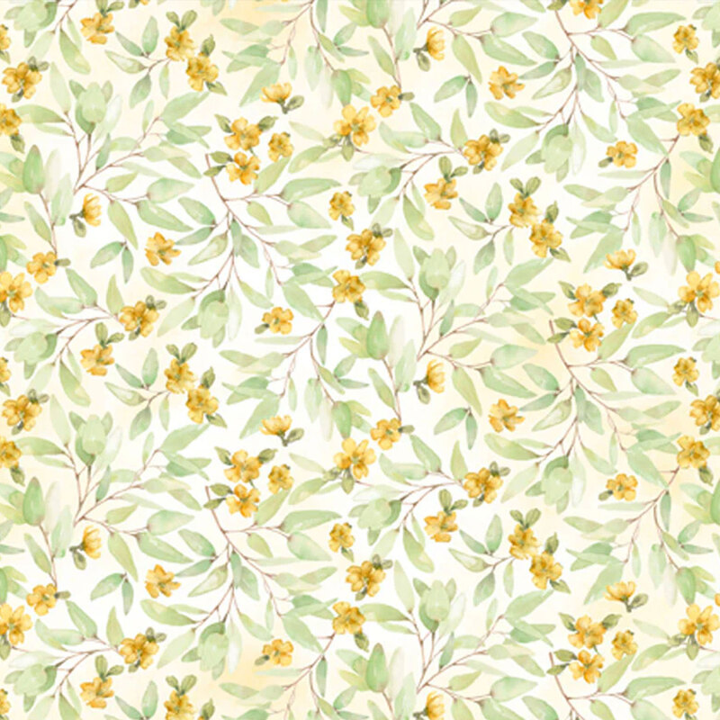 white fabric featuring leaves and yellow flowers