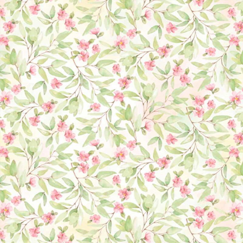 white fabric featuring leaves and pink flowers
