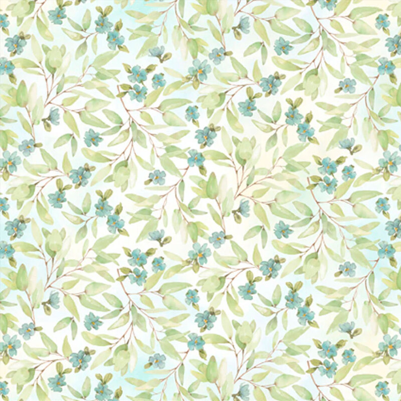 white fabric featuring leaves and blue flowers