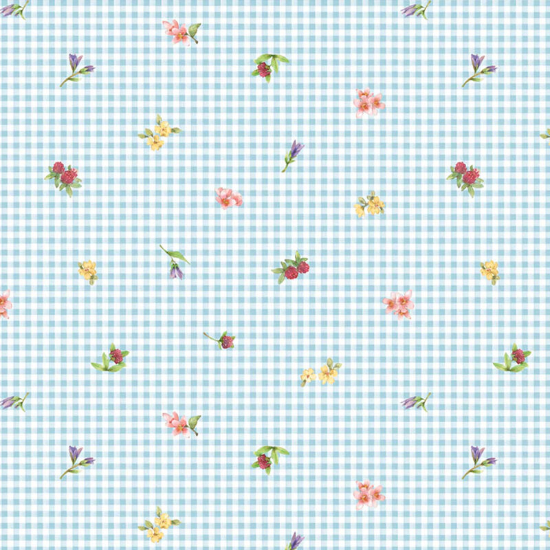white and blue gingham fabric tossed with florals