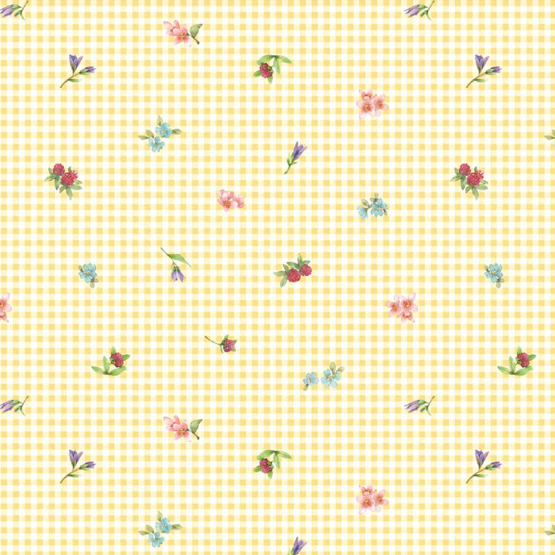 white and yellow gingham fabric tossed with florals