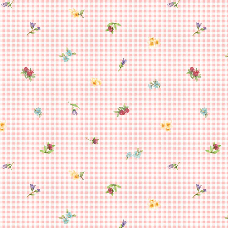 white and pink gingham fabric tossed with florals