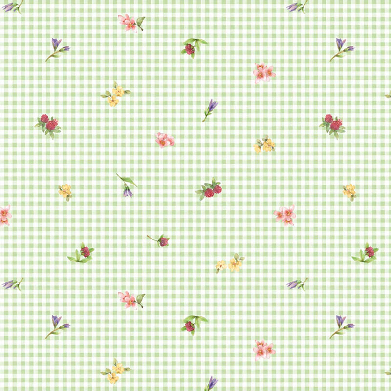 white and green gingham fabric tossed with florals